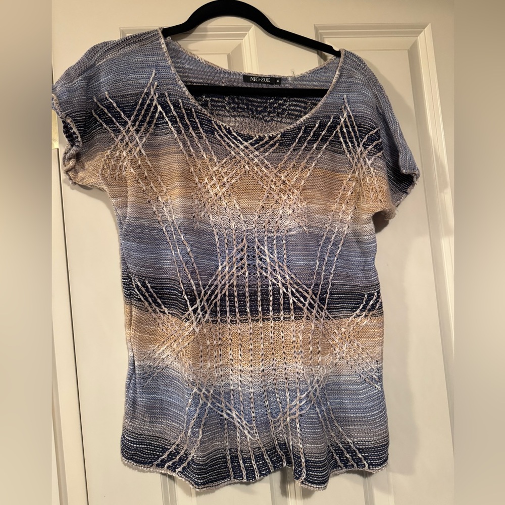 Nic + Zoe Blue Tan Knit Short Sleeved Top Textured Ombre Size Medium